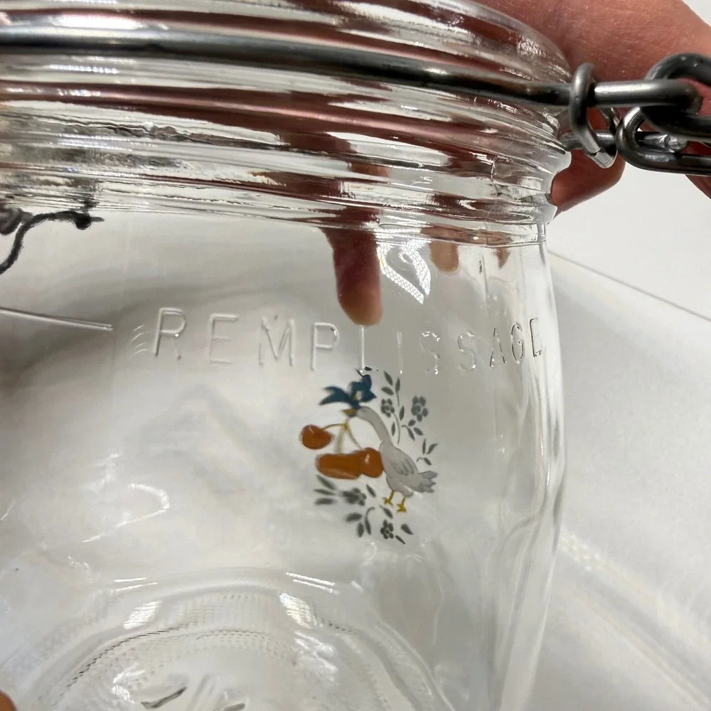 Vintage 80s Arc France GOOSE & CHERRIES Glass Canister 3/4L Wire Bail Jar NICE